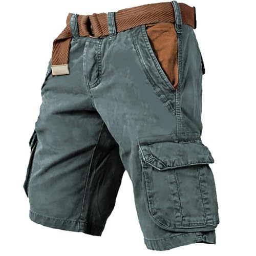 URWEIGH Taktische Herren-Shorts Mit Mehreren Taschen, Leichte Stretch-Cargo-Shorts Für Herren Mit 6 Taschen, Wasserfester Vintage-Gelb-Stone-Wash-Druck (dunkelgrün,L) von URWEIGH