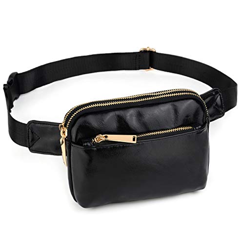UTO Bauchtasche Hüfttasche für Herren und Damen PU Leder Mode Schlanke leichte Wasit Pack Tasche mit 3 Reißverschlusstaschen Schwarz von UTO
