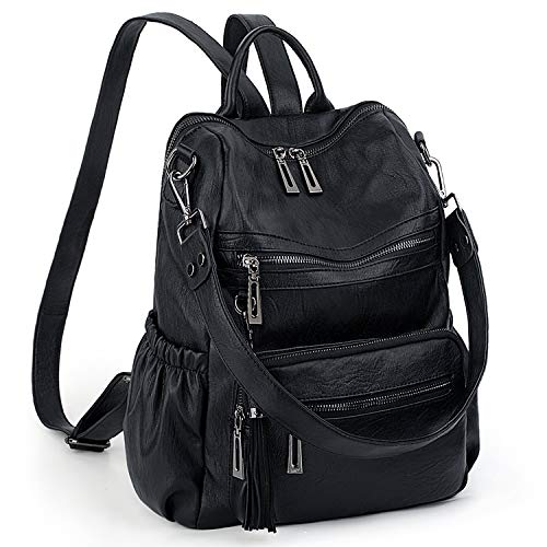 UTO Damen Rucksack Leder Schule Handtasche Schulrucksack Rucksackhandtaschen Multifunktionsrucksack mit Quasten Schultertaschen Große Kapazität vielen Kompartiment Reißverschluss Umhängetasche Schwarz von UTO