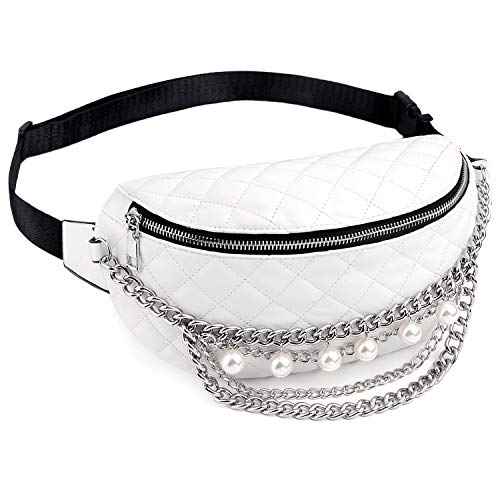 UTO Gürteltasche für Damen Kunstleder Taillentasche Perlenkette Leichte Brustpackung Schulter Weiß von UTO
