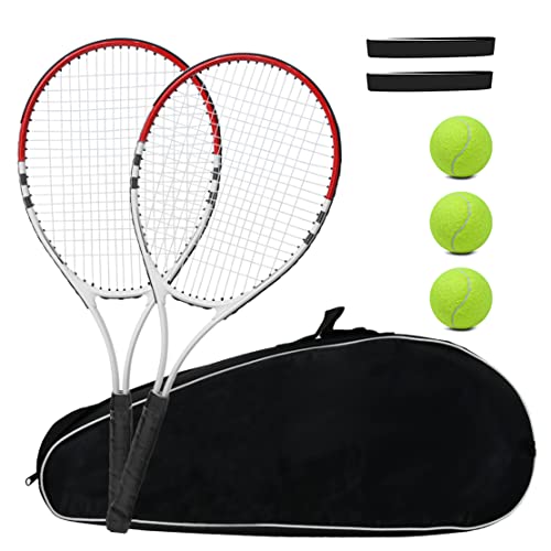 Tennisschläger, vorbespannt, leicht, 68.1 cm, Schläger, Freizeitschläger für Erwachsene, für Männer, Frauen, Tennis-Starter-Kit mit Bällen, Tragetasche und Übergriffen (rot/weiß – 2 Schläger) von UUBEMM