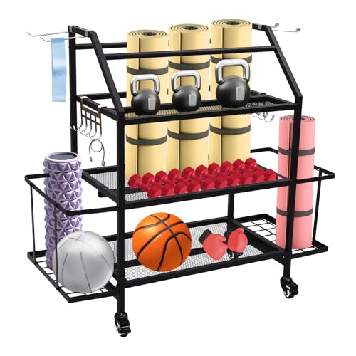 Yoga Matte Regal, Hantelständer mit Universalräder, Aufbewahrungsregal für Hanteln, Widerstandsbändern, Yogamatten, Fitnesstüchern, Yogamatte Organizer aus Stahl, Hantelablage von UYRTOY
