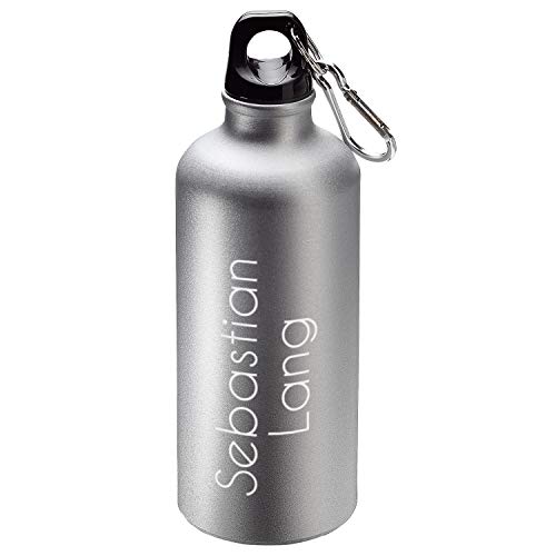 Personalisierte Aluminium Trinkflasche mit Namen Inklusive Lasergravur, Auslaufsichere Wasserflasche Sportflasche Fahrradflasche mit dichtem Schraubverschluss und Karabiner (Silber matt - 0,6l) von Uakeii