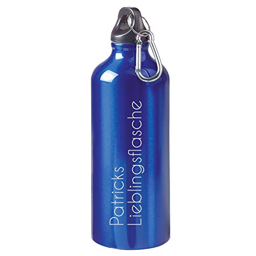 Uakeii Personalisierte Aluminium Trinkflasche mit Namen Inklusive Lasergravur, Auslaufsichere Wasserflasche Sportflasche Fahrradflasche mit dichtem Schraubverschluss und Karabiner (Blau - 0,6l) von Uakeii