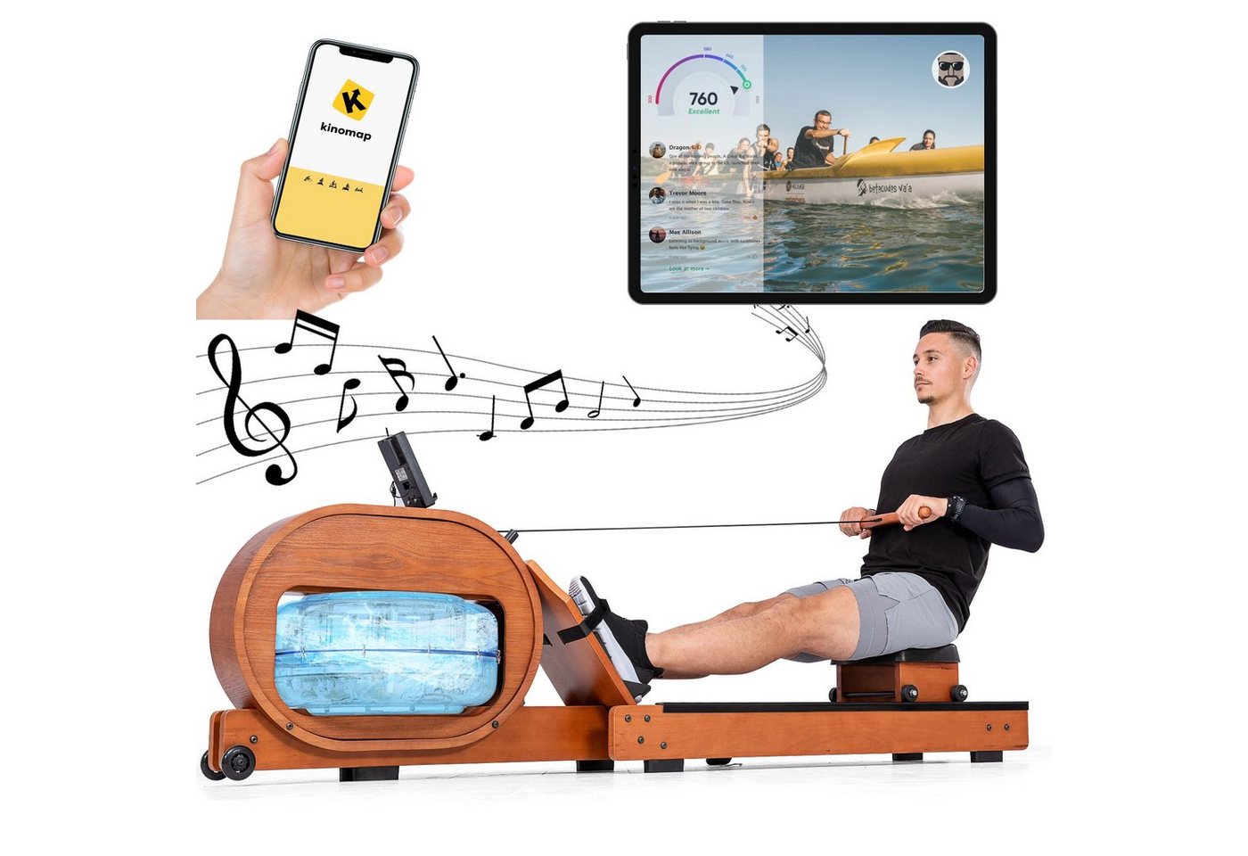 Ulife Rudergerät Holz Wasser-Rudergerät mit LCD-Display, APP, Bluetooth von Ulife