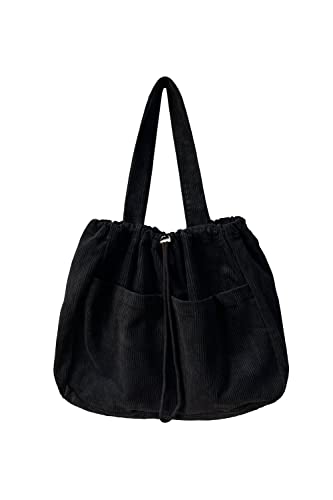 Ulisty Frauen Große Kapazität Cord Kordelzug Tragetasche Taschen Schultertasche Casual Handtasche Hobo Tasche Einkaufstasche, Schwarz, Einheitsgröße von Ulisty