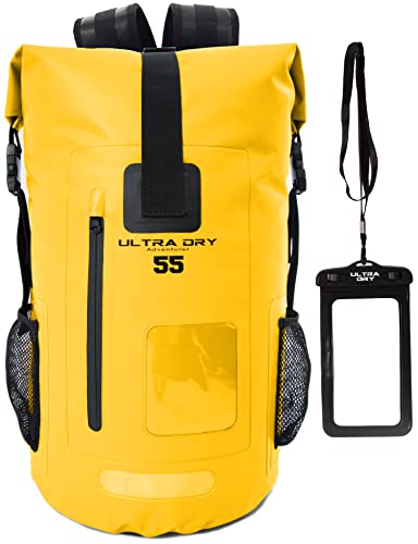 Premium 55L Wasserdichter Dry Bag Rucksack, Sack mit Telefon Dry Bag, perfekt für Bootfahren, Kajak, Wandern, Kanufahren, Angeln, Rafting, Schwimmen, Camping, Snowboarden (Gelb, 55 Liter) von Ultra Dry Adventurer