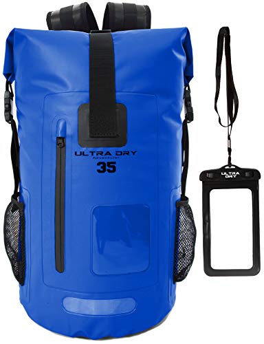 Premium-Rucksack, wasserdicht, 35 Liter, mit wasserdichtem Handybeutel, perfekt für Boot-/Kajak-/Kanufahren, Angeln, Rafting, Schwimmen, Camping, Snowboarden., blau, 35 L von Ultra Dry Adventurer