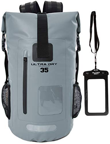 Premium-Rucksack, wasserdicht, 35 Liter, mit wasserdichtem Handybeutel, perfekt für Boot-/Kajak-/Kanufahren, Angeln, Rafting, Schwimmen, Camping, Snowboarden., grau, 35 L von Ultra Dry Adventurer