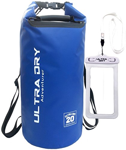 Premium Wasserdichte Tasche, Sack mit Handy-Trockentasche und langem, verstellbarem Schultergurt, ideal für Kajakfahren/ Bootfahren/ Kanufahren / Angeln / Rafting / Schwimmen / Camping (Blau, 20 Liter) von Ultra Dry Adventurer