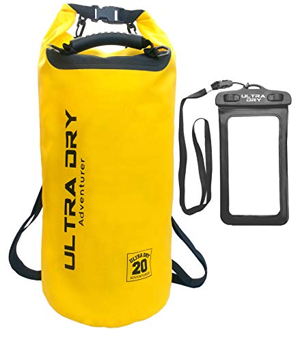 Premium Wasserdichte Tasche, Sack mit Handy-Trockentasche und langem, verstellbarem Schultergurt, ideal für Kajakfahren/ Bootfahren/ Kanufahren / Angeln / Rafting / Schwimmen / Camping (Gelb, 20 Liter) von Ultra Dry Adventurer