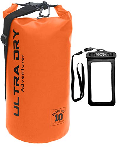 Premium Wasserdichte Tasche, Sack mit Handy-Trockentasche und langem, verstellbarem Schultergurt, ideal für Kajakfahren/ Bootfahren/ Kanufahren / Rafting / Schwimmen / Camping (Orange 10 Liter) von Ultra Dry Adventurer