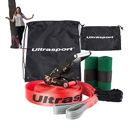 Ultrasport 15m Slackline Advance mit Ratsche inkl. Tragetasche, Slackline für Anfänger, Kinder und Familien, erhältlich mit Baumschutz, Slackline-Set, Fitness Slackline von Ultrasport