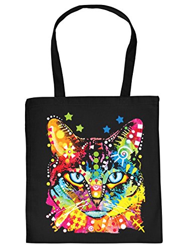 Katzen Motiv Tasche - Neon Katze Baumwolltasche : Blue Eyes - Stofftasche Katze Kunstdruck Farbe: Schwarz von Unbekannt