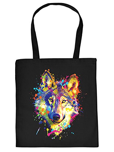 Wolf Motiv Stofftasche - Wolf Tasche : Wolf - Wolfkopf/Wölfe Neon Kunstdruck Baumwolltasche Farbe: Schwarz von Unbekannt