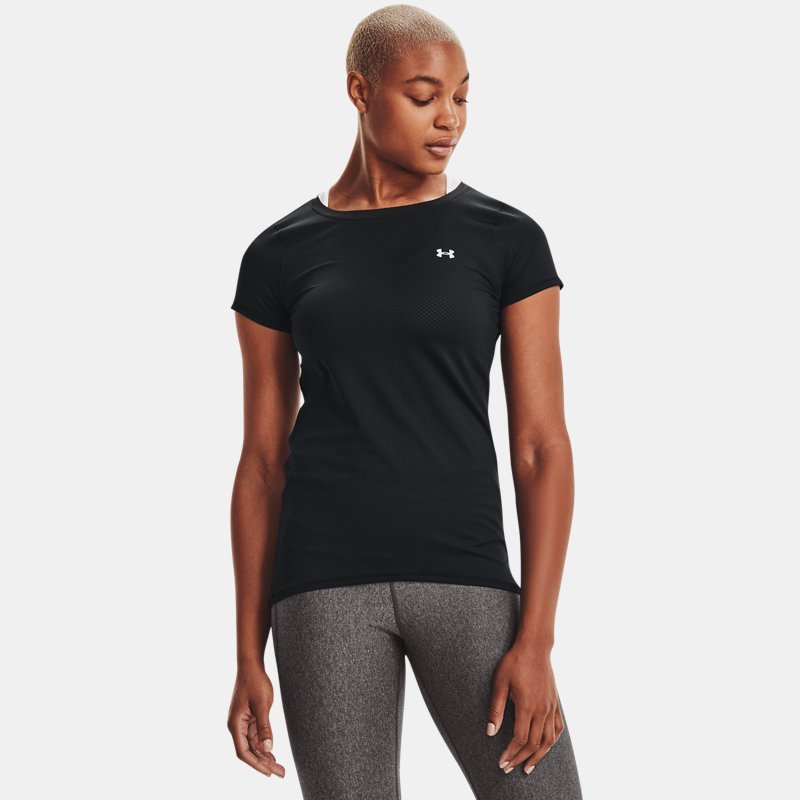 Damen HeatGear® Armour Kurzarm-Oberteil Schwarz / Metallisch Silber XL von Under Armour