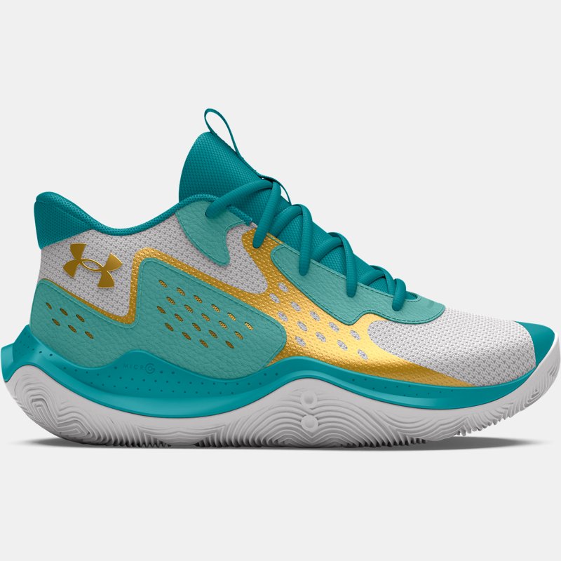 Grade School Under Armour Jet '23 Basketballschuhe Distant Grau / Circuit Teal / Metallisch Gold 38.5 von Under Armour