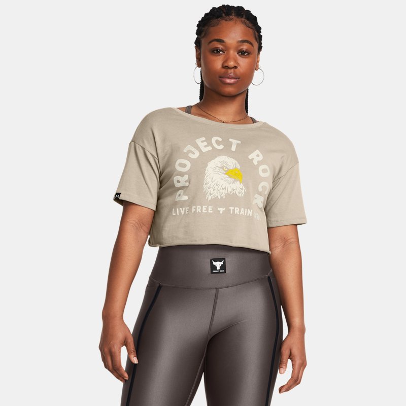 Project Rock Balance T-Shirt mit Grafik für Damen Timberwolf Taupe / Stahltown Gold / Silt S von Under Armour