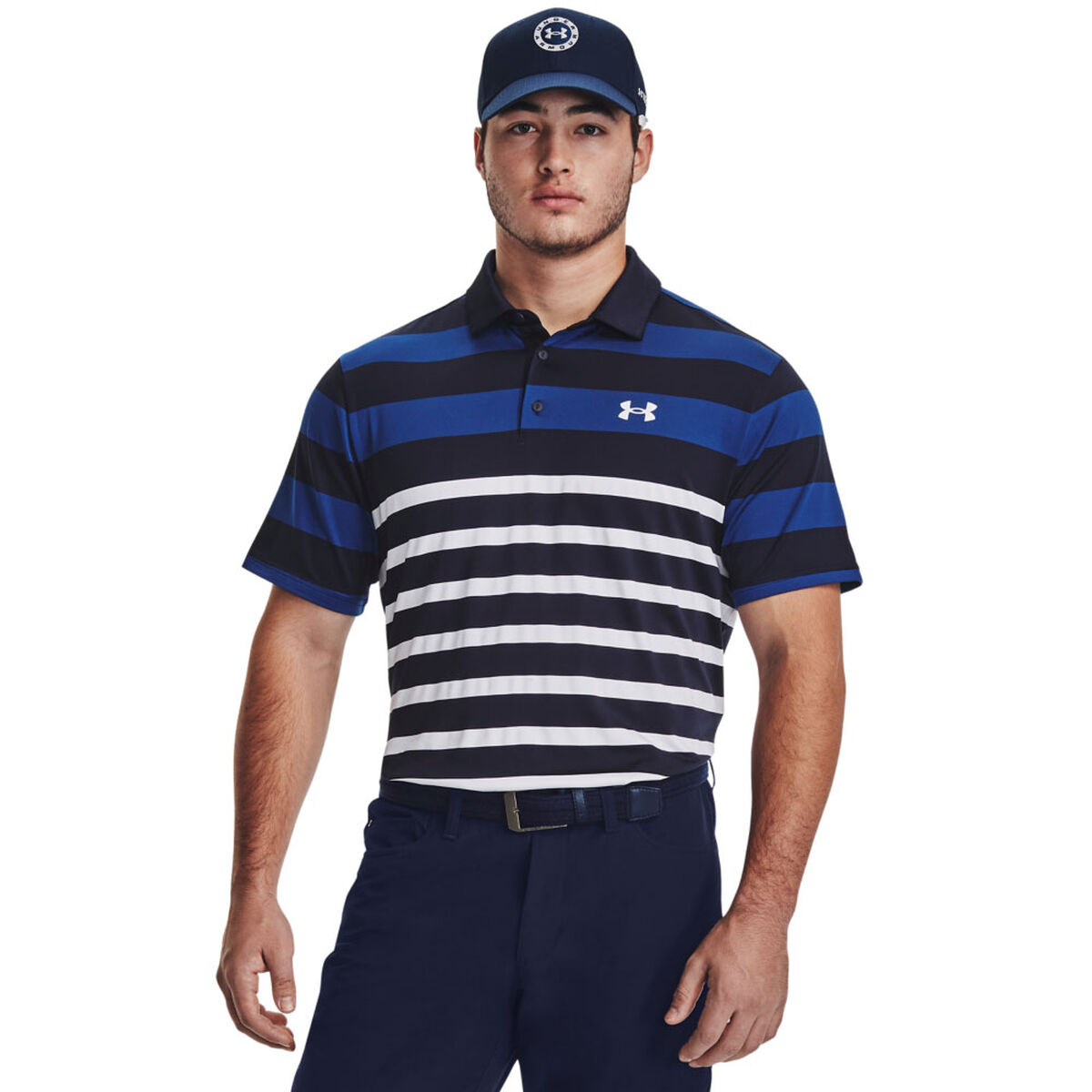 Under Armour Men's Navy Blue and White Playoff 3.0 Rugby YD Stripe Golf Polo Shirt, Size: M | American Golf von Under Armour