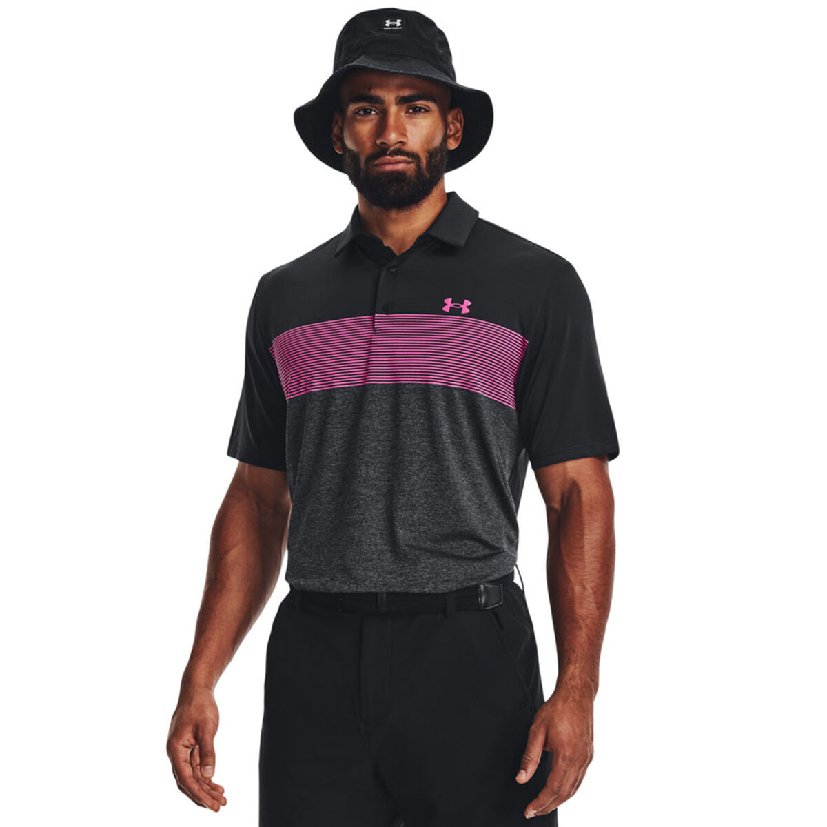 Under Armour Men's Playoff 3.0 Low Round Stripe Golf Polo Shirt, Mens, Black/jet gray/rebel pink, Small | American Golf von Under Armour