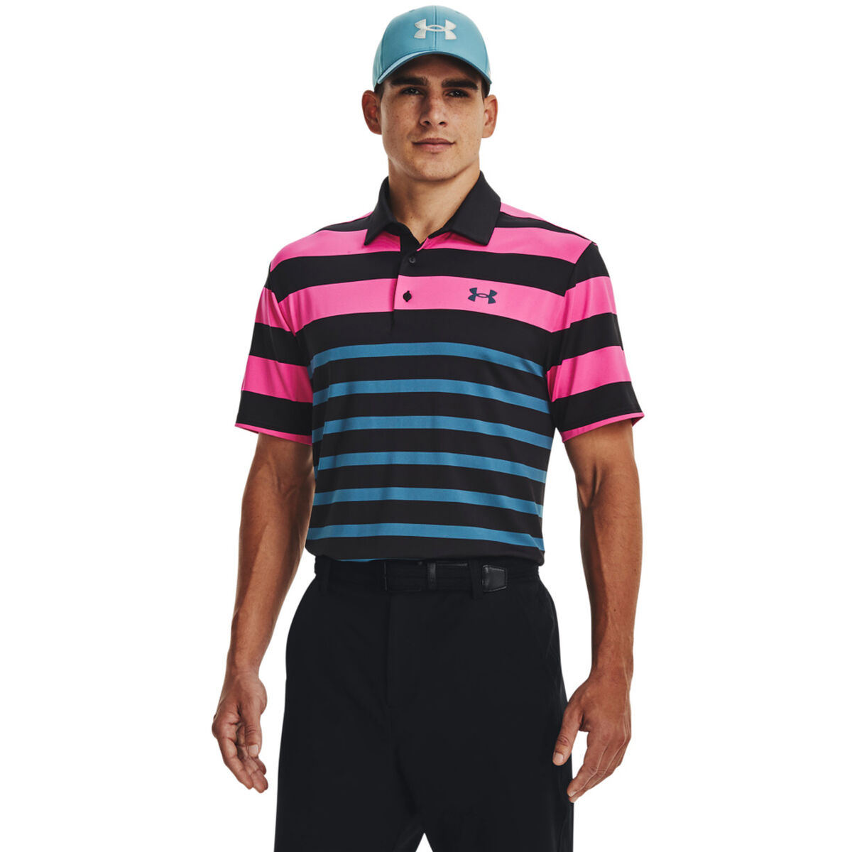 Under Armour Men's Playoff 3.0 Rugby YD Stripe Golf Polo Shirt, Mens, Black/pink/blue, Small | American Golf von Under Armour