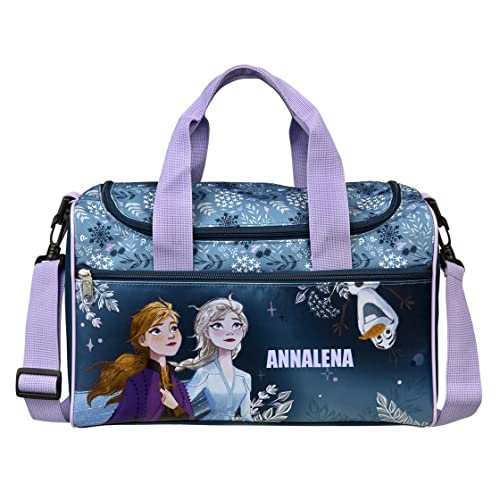 Kleine Sporttasche Frozen 2 mit Namen personalisiert für Mädchen | Motiv Anna & ELSA die Eiskönigin | Personalisierbare Reisetasche Tragetasche mit großem Hauptfach in dunkelblau Flieder von Undercover