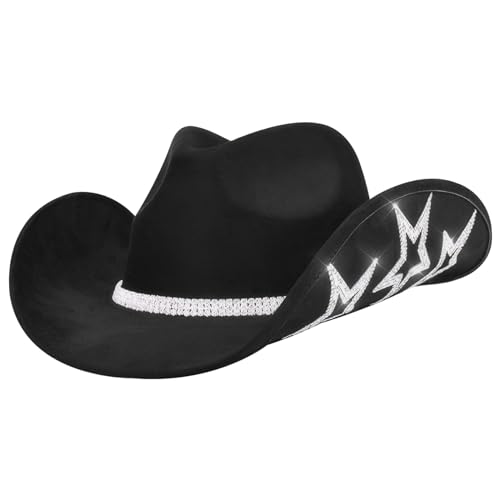 Unicoco Cowgirl -Hut, Frauen Western Cowgirl Hut, Cowgirl Hut schwarzer, breiter Kremp -Cowboyhut, Solid Color Cowboy Hut für Party Farm Disco von Unicoco