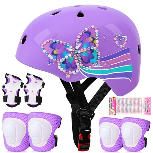 Kinderhelm für 3-8 Jahre, Unicorn Castle Kinder Fahrradhelm Mädchen, Verstellbar Kinder Protektoren Schutzausrüstung Kinder Knieschützer Set,Light Purple von Unicorn Castle
