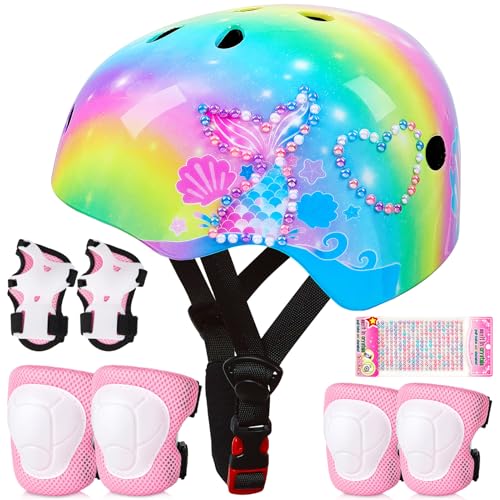 Kinderhelm für 3-8 Jahre, Unicorn Castle Kinder Fahrradhelm Mädchen, Verstellbar Kinder Protektoren Schutzausrüstung Kinder Knieschützer Set,Rainbow von Unicorn Castle