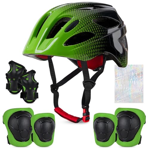 Kinderhelm für 3-8 Jahre Kinder Fahrradhelm Mädchen, Verstellbar Kinder Protektoren Schutzausrüstung Kinder Knieschützer Set,Green Black von Unicorn Castle