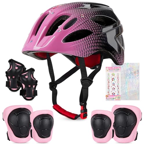 Kinderhelm für 3-8 Jahre Kinder Fahrradhelm Mädchen, Verstellbar Kinder Protektoren Schutzausrüstung Kinder Knieschützer Set,Pink Black von Unicorn Castle