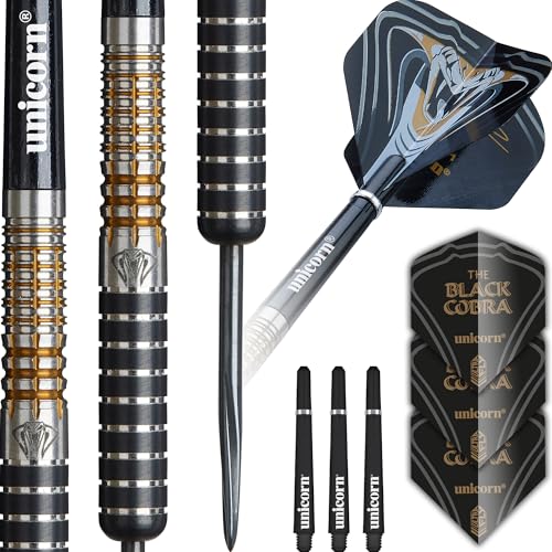 Unicorn Darts Set Maestro Phase 3 | Jeffrey 'The Black Cobra' de Zwaan | 90% Tungsten Barrels with Black & Gold Accents | Durable Stunning Ultrafly Flights | Steel Tip Black Volute Points | 23g von Unicorn