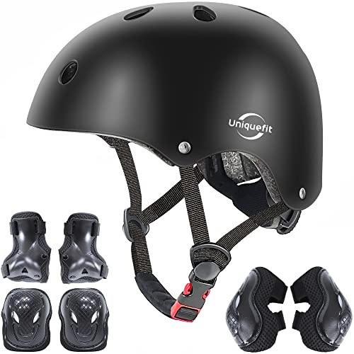 Verstellbarer Helm für Kinder und Schutzausrüstung Knieschützer Ellbogenschützer Handgelenkschützer (Black, M(8-13 Years Old)) von UniqueFit