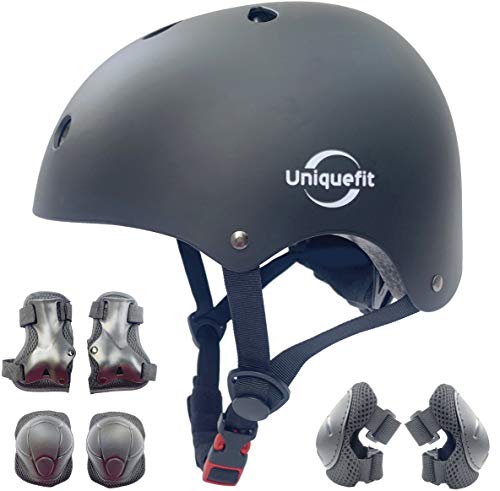 Verstellbarer Helm für Kinder und Schutzausrüstung Knieschützer Ellbogenschützer Handgelenkschützer (Black, S(3-8 Years Old)) von UniqueFit