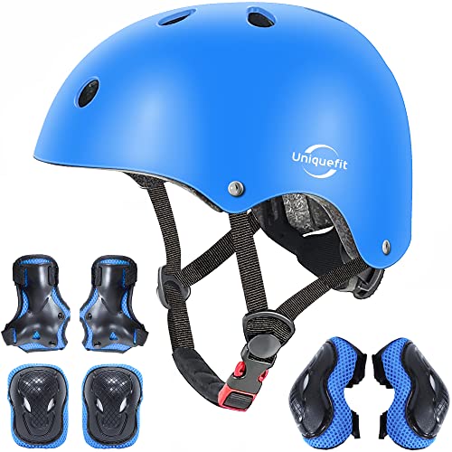 Verstellbarer Helm für Kinder und Schutzausrüstung Knieschützer Ellbogenschützer Handgelenkschützer (Blue, M(8-13 Years Old)) von UniqueFit