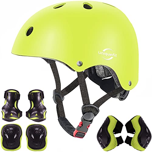 Verstellbarer Helm für Kinder und Schutzausrüstung Knieschützer Ellbogenschützer Handgelenkschützer (Gelb, M(8-13 Years Old)) von UniqueFit