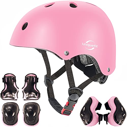 Verstellbarer Helm für Kinder und Schutzausrüstung Knieschützer Ellbogenschützer Handgelenkschützer (pink, M(8-13 Years Old)) von UniqueFit