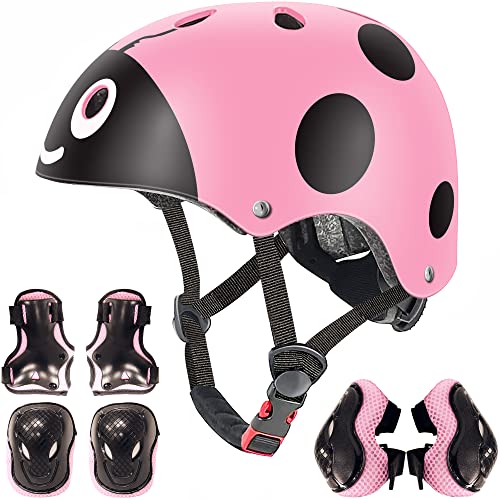 Verstellbarer Helm für Kinder und Schutzausrüstung Knieschützer Ellbogenschützer Handgelenkschützer (pink Ladybug, S(3-8 Years Old)) von UniqueFit