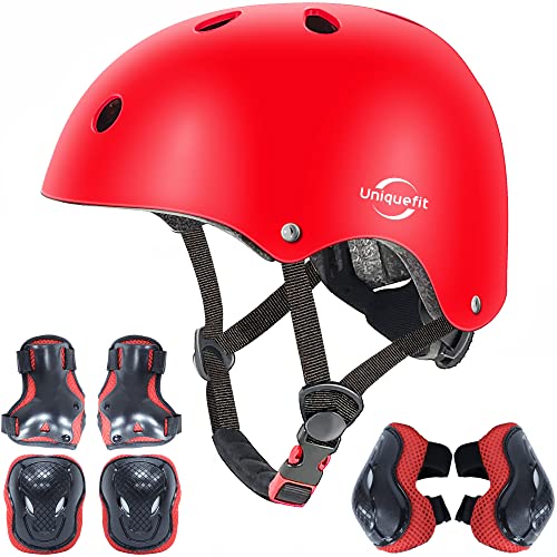 Verstellbarer Helm für Kinder und Schutzausrüstung Knieschützer Ellbogenschützer Handgelenkschützer (red, S(3-8 Years Old)) von UniqueFit