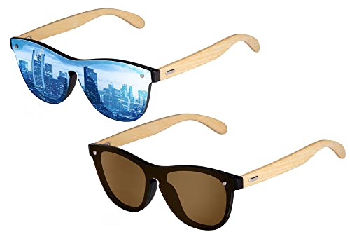 UrbanSky Shield-Sonnenbrille Greg - 2er - Pack Sonnenbrillen Damen und Herren - verspiegelt - mit Holzbügeln (Warm) von UrbanSky