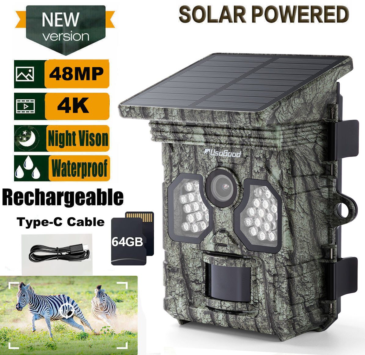 Usogood Solar Wildkamera 4K 48MP Jagdkamera mit Bewegungsmelder Nachtsicht Überwachungskamera (AuBenbereich, 120° Weitwinkelobjektiv, Akku Wildtierkamera, Outdoor IP66 Wasserdicht) von Usogood