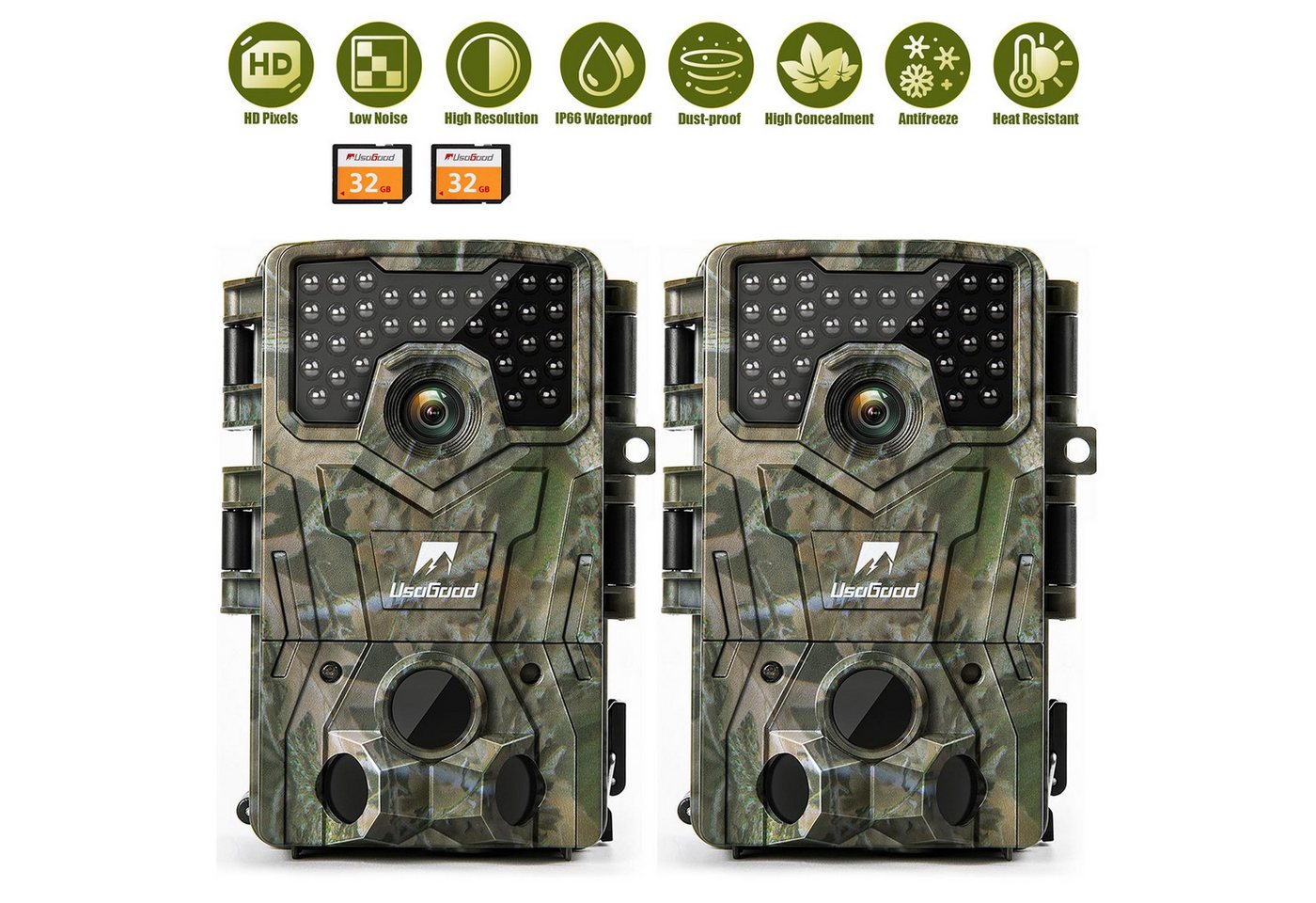 Usogood Überwachungskamera mit 32G Speicherkarte & 8 Batterien Wildkamera (Outdoor, 120° Weitwinkelobjektiv, 4K 36MP, 120° Jagdkamera mit Bewegungsmelder Nachtsicht, 0.3S) von Usogood