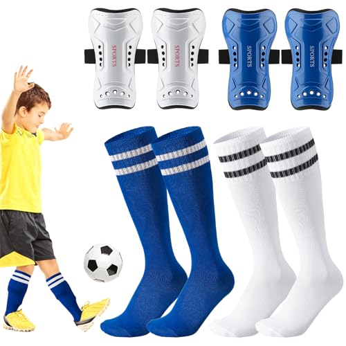 Utensilsto 2 Sätze Fußball Schienbeinschoner und Fußballsocken für Kinder, Kinder-Fußball-Schienbeinschoner, Fußballsocken-Set für Jungen und Mädchen, für Fußballspiele, Wadenschutz von Utensilsto