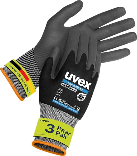 Uvex phynomic XG, 3 Paar - premium Grip-Handschuh für feuchte & ölige Bereiche - flexibel, robust & atmungsaktiv - schwarz, grau - Größe 07/S von Uvex