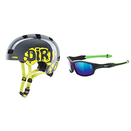 uvex Unisex Jugend, Kid 3 Fahrradhelm, Dirtbike Grey-Lime, 55-58 cm & Unisex Jugend, Sportstyle 507 Sonnenbrille, Black mat Green/Green, one Size von Uvex