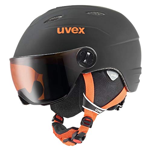 uvex junior visor pro - Skihelm für Kinder - mit Visier - individuelle Größenanpassung - black-orange matt - 52-54 cm von Uvex