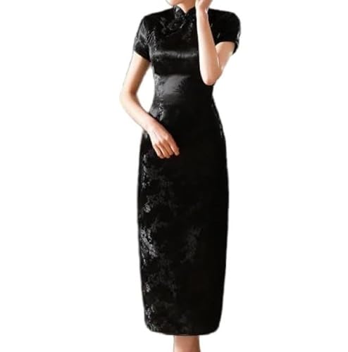 VAAX Chinesische Qipao, Satin National Cheongsam Kleid Kurzarm, Schmales Maxikleid Jacquard-Blumen-Qipao-Kleid, Elegant, Plus Größe, Sexy Cocktailabend-Hochzeitskleid Für Mädchen, Braut, Schwarz, 4XL von VAAX