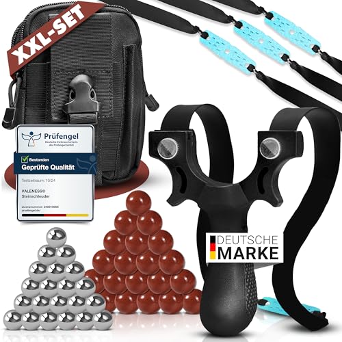 VALENESS® Steinschleuder [XXL-Set] - präzise Profi-Zwille mit 4 Gummi-Bändern, 300 Tonkugeln, 100 Metallkugeln & Tasche [Schleuder für Anfänger & Profis] von VALENESS