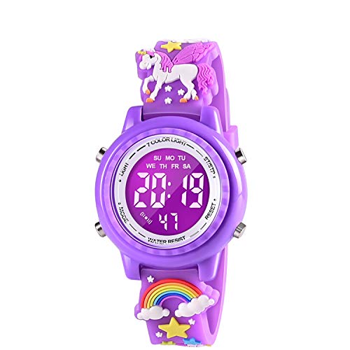 VAPCUFF Kleinkinder-Spielzeug: Einhorn-Geschenke für Mädchen im Alter von 3–10 Jahren, Uhren mit Cartoon-Design, Wasserresistent bis 30 m, Silikonarmband, Dark Purple von VAPCUFF