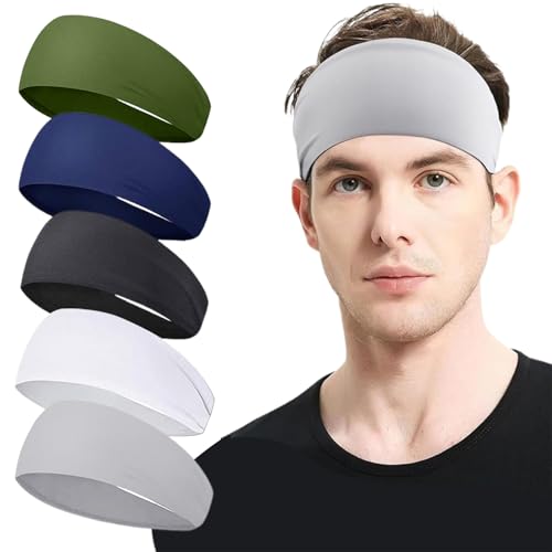 VARKAGE 5 Stück Sport Stirnband Herren, Schweißband Kopf, Headband Men rutschfest Haarreifen für Radfahren Fitness Tennis Laufen Yoga Wandern von VARKAGE